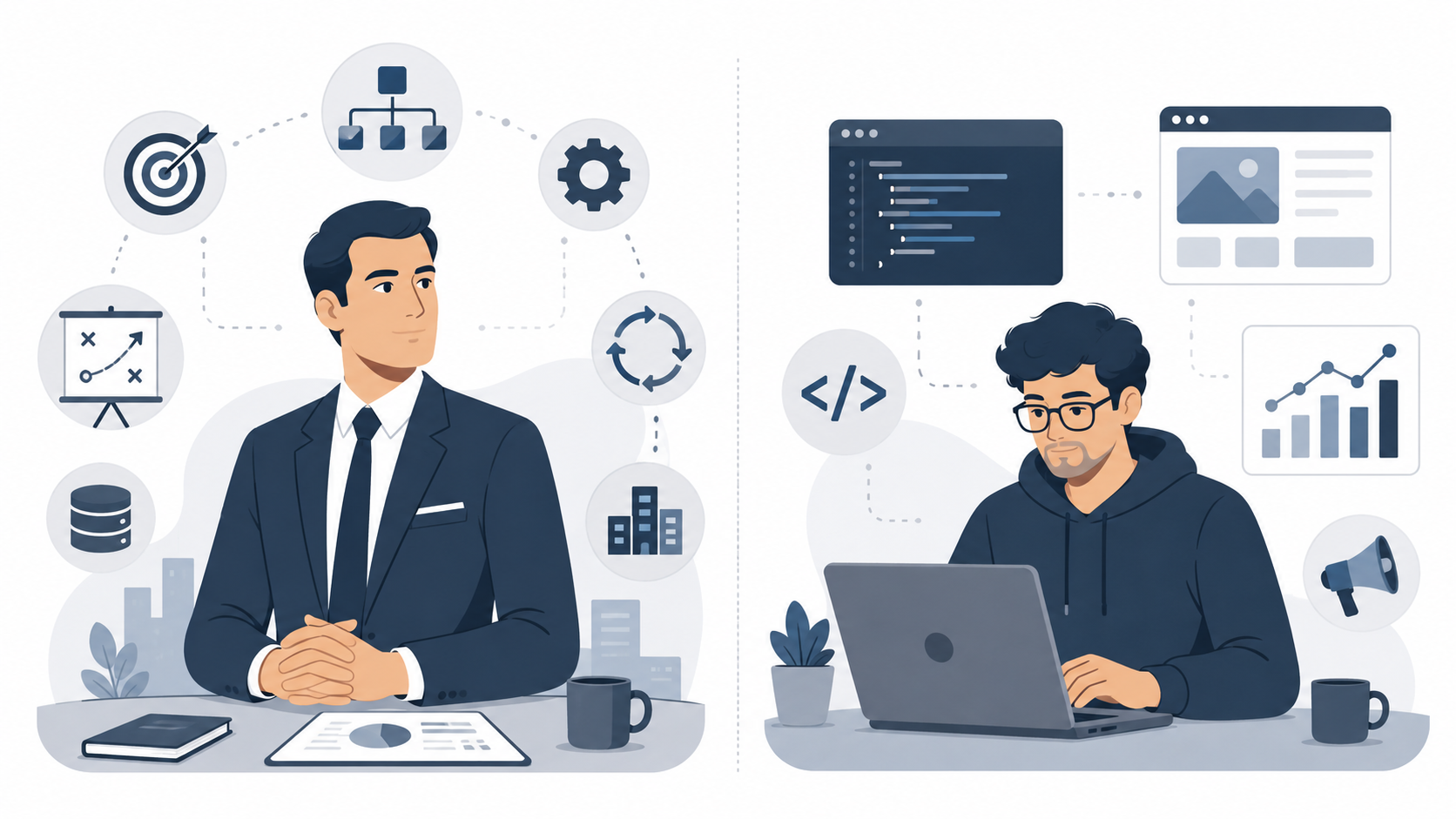 フリーランスコンサルタントとして独立を検討している人と、エンジニア・Webマーケターとして案件を探している人を対比したイメージ図